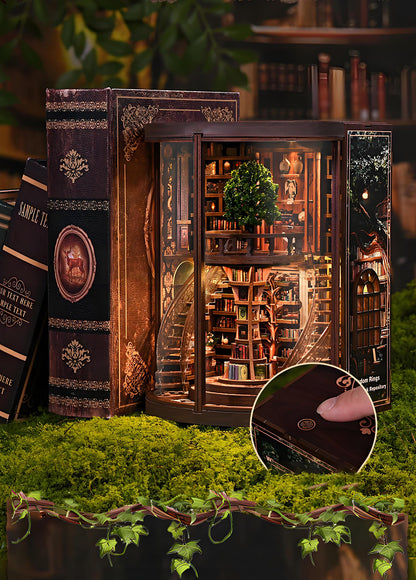 Ahilmrn Book Nook Kits for Adults Fantasy 3D Puzzle Library Booknook Kit with Dust Cover Wisdom Book Repository Round Bookshelf Decor Wooden DIY Spiral Staircase Miniature Dollhouse Book House