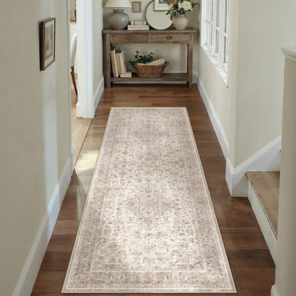 PureCozy Beige 2x6 Runner Rug Washable Hallway Vintage Carpet Low Pile Non Slip Distressed Soft Traditional Retro Oriental Long Accent Throw Rug for Kitchen Bedroom Laundry Bathroom Dining Room