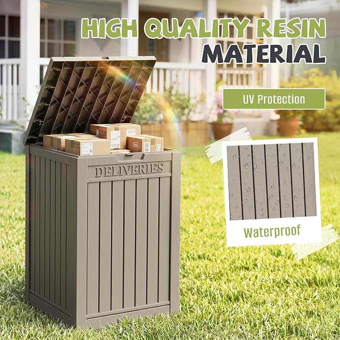 55 Gallon Package Delivery Boxes Outside Secure Waterproof Resin UV Resistant Lockable Mail Parcel Drop Mailbox Storage Deck Box for Outdoor Porch Patio Grey