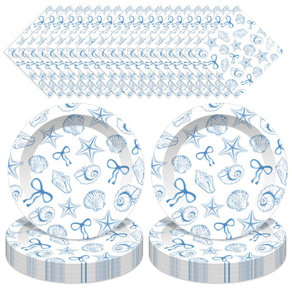 Jisfigtrh 60PCS Blue Bow Seashell Tableware Kit 7" Under The Sea Dinner Plates Ocean Dessert Plates Beach Starfish Seashell Party Supplies for Kids Girls Boys Birthday Graduation Events