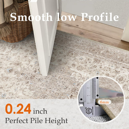 PureCozy Beige 2x6 Runner Rug Washable Hallway Vintage Carpet Low Pile Non Slip Distressed Soft Traditional Retro Oriental Long Accent Throw Rug for Kitchen Bedroom Laundry Bathroom Dining Room