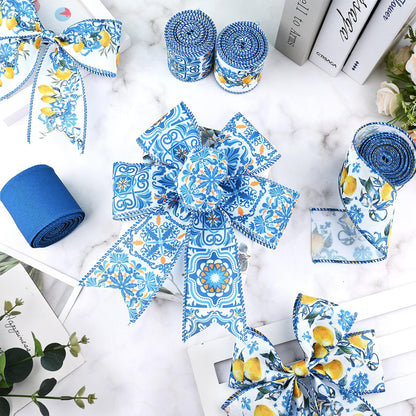4Rolls 20 Yards Lemon Wired Edge Ribbon 2.5inch Summer Blue Tiles Yellow Lemon Printed Fabric Ribbon for Wreath Bow Making DIY Crafts Wrapping Supplies