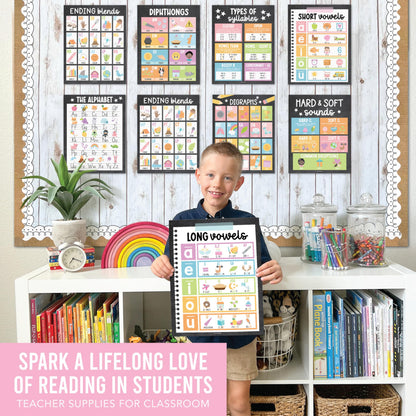 Hadley Designs Phonics Posters for Classroom Must Haves - 9 Sound Wall for Kindergarten & Elementary Teacher Supplies, Syllable, Vowels, Digraphs & Blends Bulletin Board Set, Chalkboard Classrom Decor