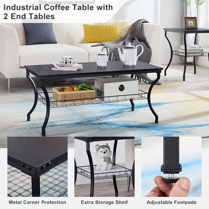 VECELO 3 Pieces Living Room Table Sets, Coffee and End Tables with Open Storage Shelves for Apartment, Home Office, Small Space, Easy Assembly, Black