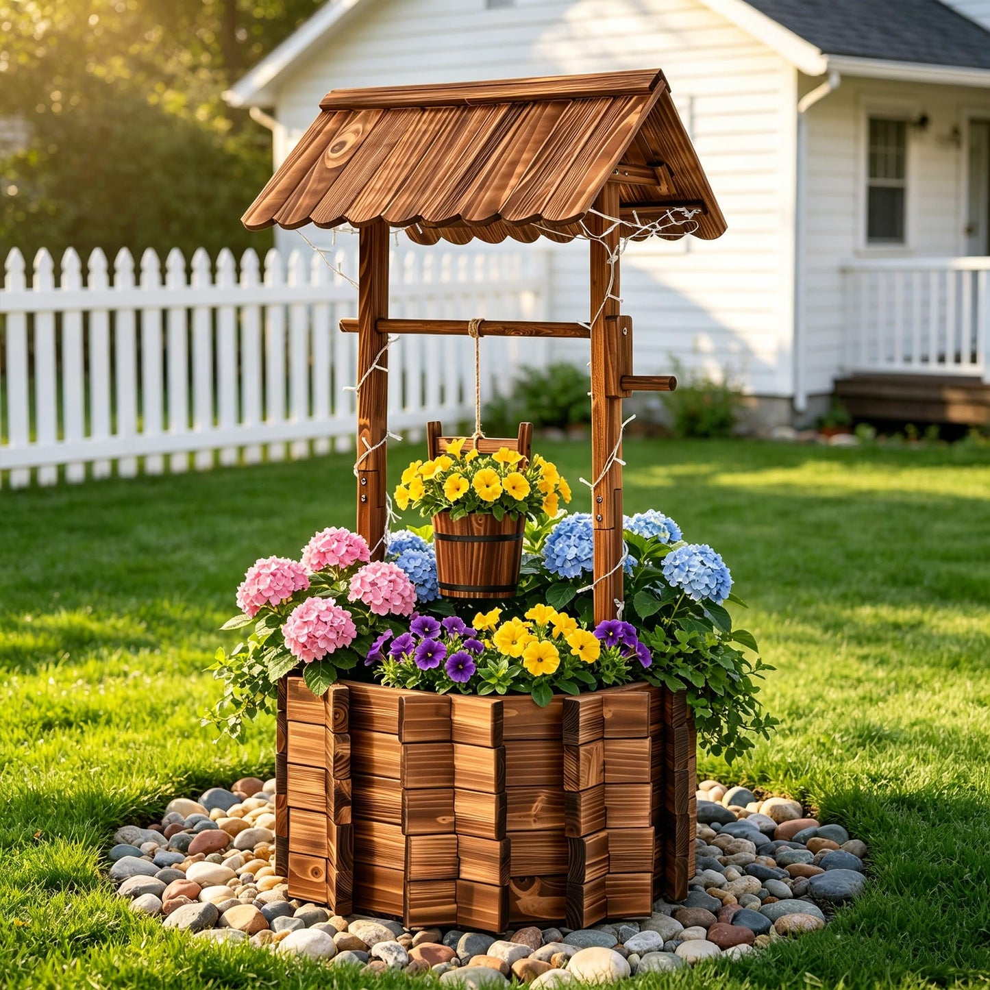 AUTO DAYA 54" Wooden Wishing Well Planter with 11-Mode LED Lights, Timer Settings, Rustic Outdoor Garden Decor with Adjustable Hanging Bucket, Drainage Base & Liner for Patio Yard Backyard