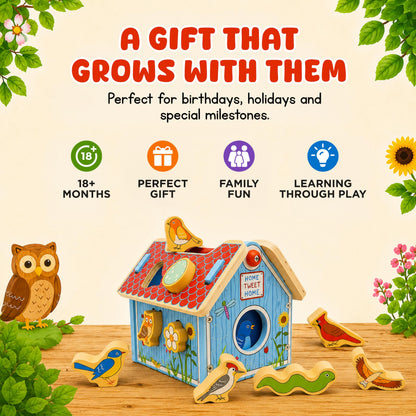Jack Rabbit Creations Wooden Bird House Shape Sorter – Built-in Handle, Removable Roof – Non-Toxic, Certified Wood – Fine Motor Toddler Toy, Birthday Gift, Ages 18+ Months
