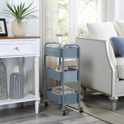 SunnyPoint 3-Tier Delicate Compact Rolling Metal Storage Organizer - Mobile Utility Cart Kitchen/Under Desk Cart with Caster Wheels - Blue (15.35" X 10.24" X 26.8"H)