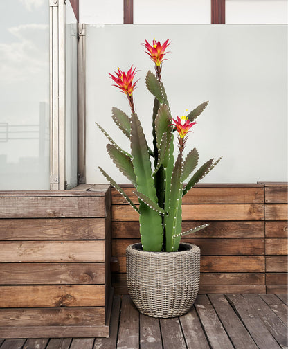 SUNPRAIRIE 33 Inch Large Artificial Cactus with Magenta Flowers in Pot with Natural Gravel. Satin Finish Leaves with Real Look and Feel. Outdoor and Indoor Faux Plants.