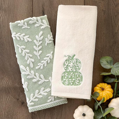 SKL Home Leaf Sprig 100% Cotton Jacquard 2pc Hand Towel Set, Reversible &