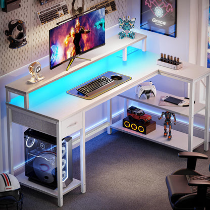 SUPERJARE 53 inch Reversible L Shaped Desk with LED Lights & Power Outlets, Computer Desk with Shelves & Monitor Stand, Gaming Desk with Drawer, Home Office Desk Corner Desk, PU White Drawer