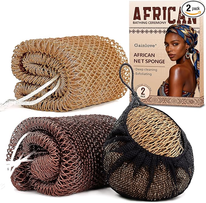 2 Pack African Net Sponge Exfoliating Body Scrubber Bath Sponge for Daily Use (Dark Brown+Light Brown)