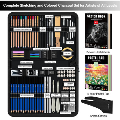 KALOUR 95-Piece Sketching and Drawing Art Set with 3-color Sketch Book and Pastel Paper – Graphite, Charcoal, and Pastel Pencils – Complete Artist Kit for Beginners and Professionals