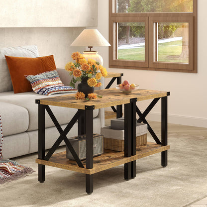 MMEOLUOOK Large End Table Farmhouse Side Table Industrial Style Sofa Table Coffee Table Metal X Accent Wood End Table NightStand with Storage Shelf for Living Room Bedroom MLBZ16R