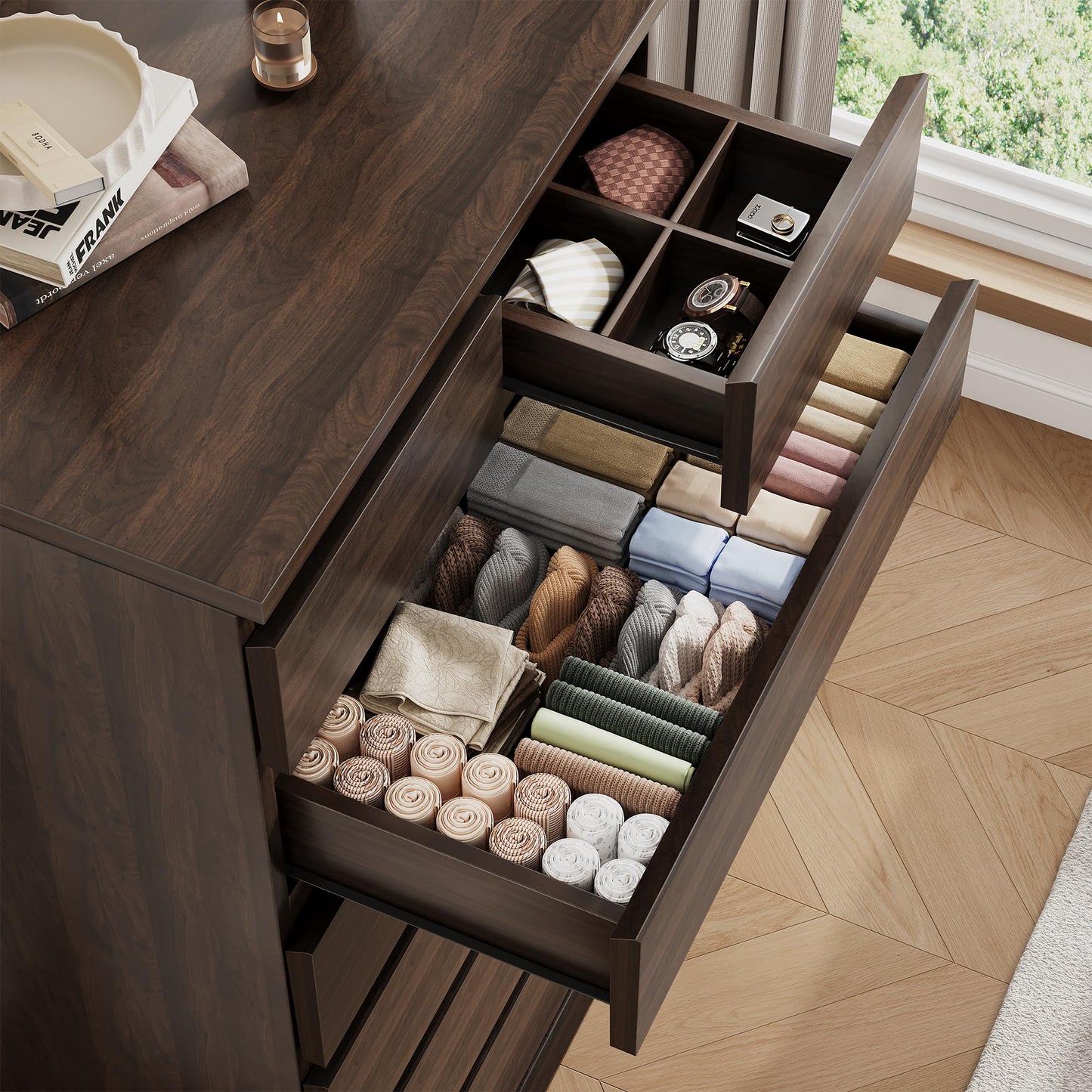 Brown Tall 7 Drawer Dresser for Bedroom, Modern Wood Closet Dressers & Chests of Drawers with Jewelry Storage, 23.6" L*15.8" W*47.5" H in Large Vertical Dresser for Bedroom, Living Room, Nursery