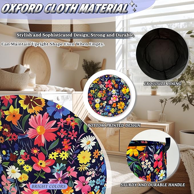 Colorful Flowers Laundry Basket Oxford Cloth Foldable Floral Laundry Hamper