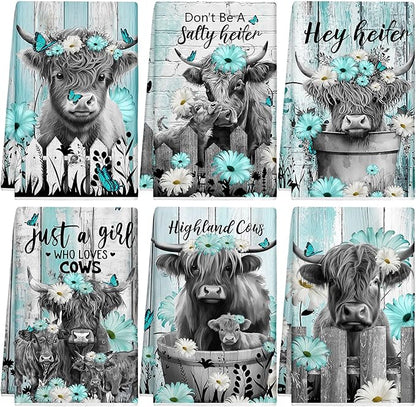 Breling Set of 6 Highland Cattle Kitchen Towels Highland Cow Vintage Themed
