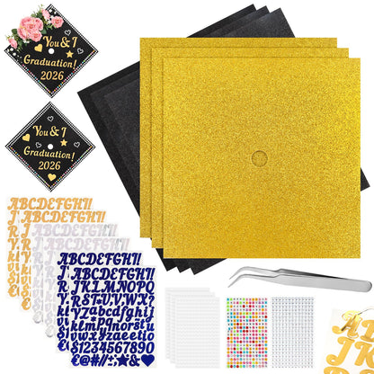 Arivlune Graduation Cap Decorations kit, Includes 6 9.8 X 9.8 Graduation Cap Topper Blank Glitter Cardstock/5 Sheets Rhinestones/6 Alphanumeric Stickers for DIY Graduations Caps Topper