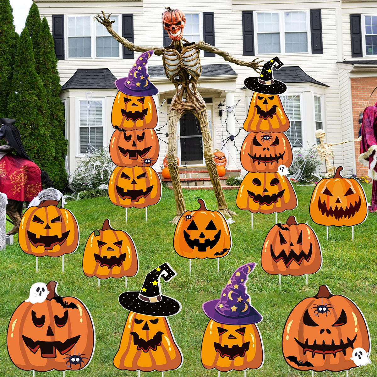 Amyhill 12 Pcs Halloween Pumpkin Yard Signs for Outdoor Spooky Ghost Jack O 16 Pcs Pumpkin with Witch Hats Lawn Stakes Trick or Treat Yard Decorations for Halloween Garden Stack Prop Home Party Decor