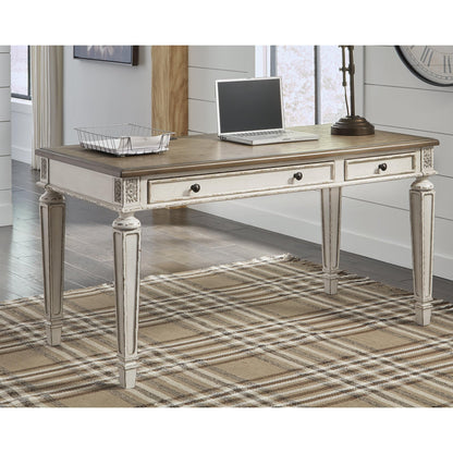 Signature Design by Ashley Realyn Farmhouse Home Office Desk, 2 Drawers, Drop-down Drawer, USB Charging, Wood, 60" W x 28" D x 31" H, Chipped White and Brown