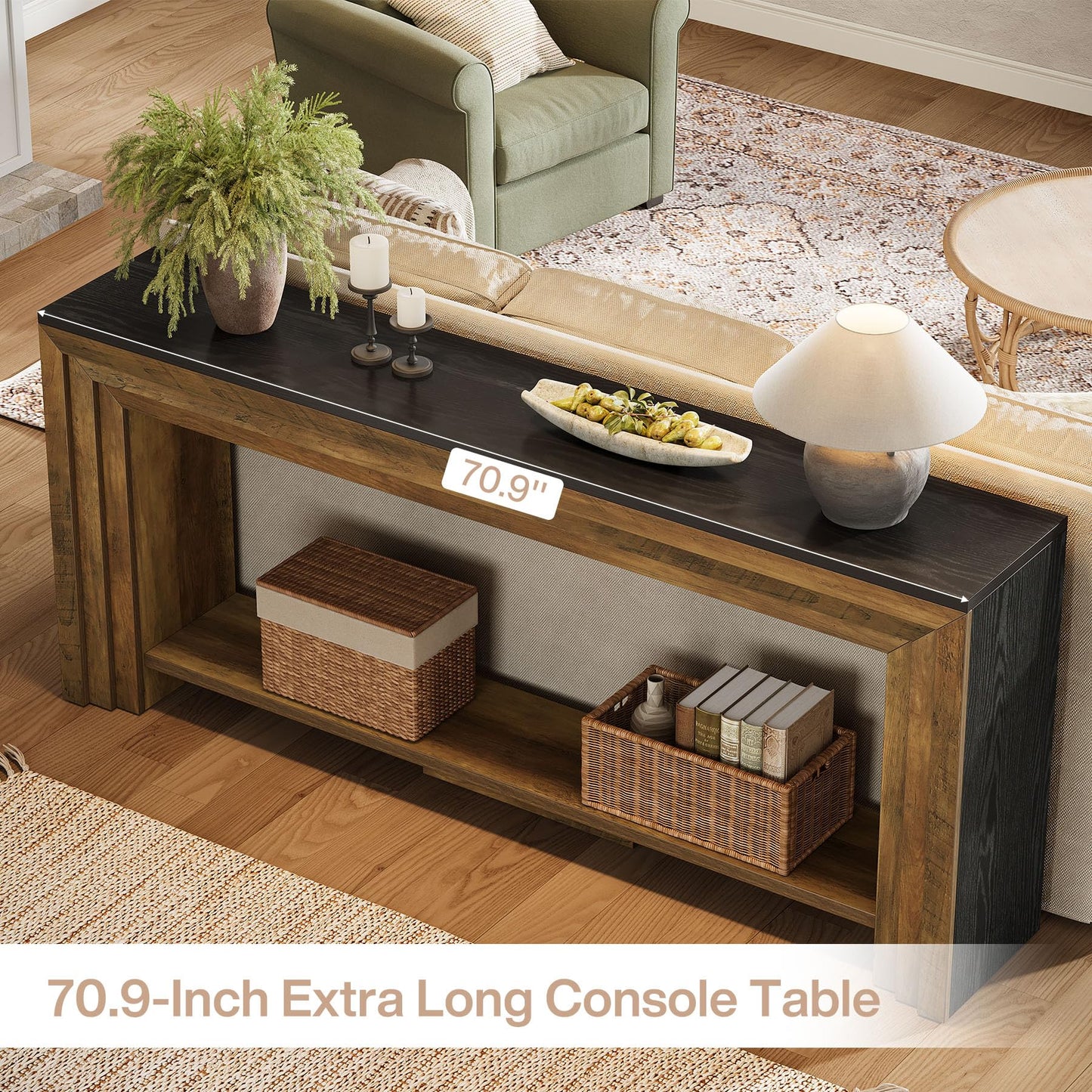 Tribesigns 70.9 Inch Long Console Table, Farmhouse 2-Tier Wooden Sofa Table with Storage, Space-Saving Behind Couch Accent Table for Living Room, Entryway, Hallway and Foyer