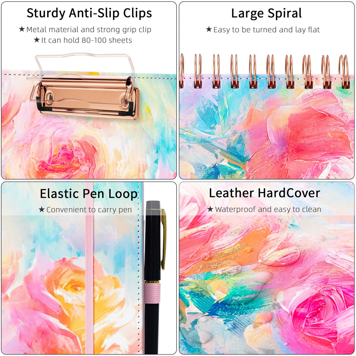 Ospelelf Pink Foldable Spiral Clipboard Folio with with Storage Zipper Pouch, 5 Plastic Folders with 10 Pockets, Leather Clipboard Folder with Notepad, 39 Divider Label Stickers (Rose)