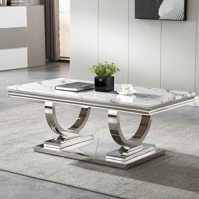 4 Piece Living Room Table Set Include 1 Faux Marble Coffee Table & 2 End Tables& 1 Console Table, Modern White Silver Coffee Table Set of 4 with Double O Shape Stainless Steel Pedestal Base