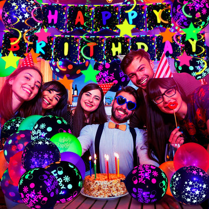 Jetec 71 Pcs Neon Birthday Party Supplies Decorations Include Clear Glow in The Dark Balloons, UV Neon Balloons, Star Hanging Swirls, Rave Theme Birthday Decor Banner Accessories Supplies