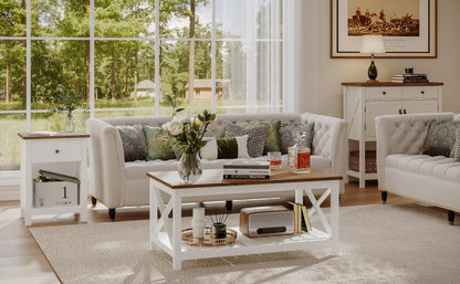 ChooChoo Farmhouse Nightstand with Charging Station, Wooden Top Bedside End Table with Drawer and Storage Space for Bedroom, White