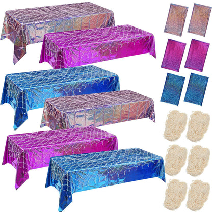 Oudain 12 Pcs Mermaid Tablecloth Fish Net and Iridescent Plastic Table Cloth Decorations Set for Mermaid Birthday Decorations,Ocean Summer Sea Theme Party Baby Shower (Purple,Blue,Pink)