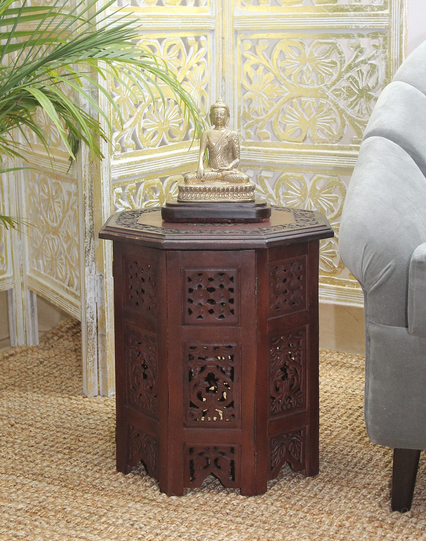 COTTON CRAFT Solid Wood Accent End Table - Hand Carved Vintage Boho Folding Side Table - Small Spaces Entryway Farmhouse Living Room Bedside - No Tools Assembly - 18x18 Octagon - Brown