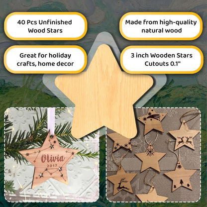 40 Pcs Unfinished Wood Stars 3 inch Wooden Stars Cutouts 0.1'' Thickness Blank Natural Wood Slices Wooden Cutout Tiles for Christmas DIY Crafts Paint Burning Engraving Carving Coaster Staining