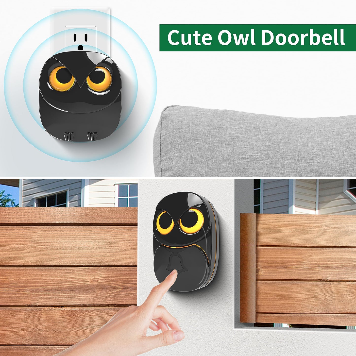 Wireless Doorbell, Cute Owl Doorbell Weatherproof IP55 Outdoor Remote Push Button- 1000 Feet Long Wireless Range, 1 Receiver + 1 Transmitter, Black