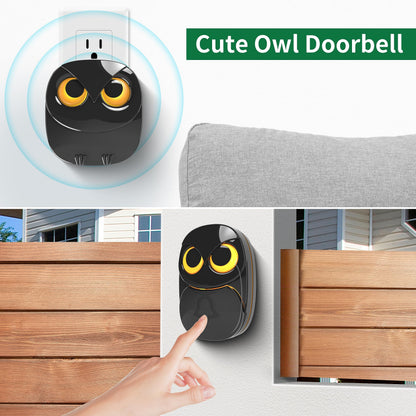 Wireless Doorbell, Cute Owl Doorbell Weatherproof IP55 Outdoor Remote Push Button- 1000 Feet Long Wireless Range, 1 Receiver + 1 Transmitter, Black