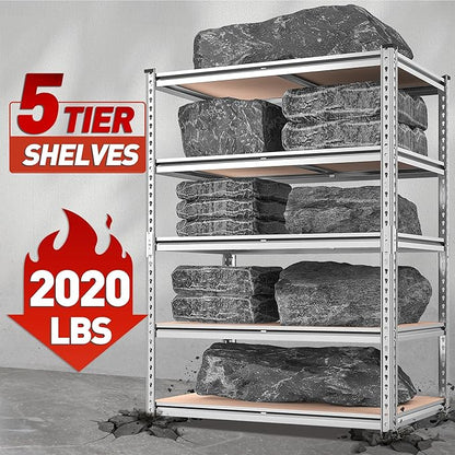 REIBII 2020LBS Garage Shelving Heavy Duty Metal Shelving 5 Tier Storage Shelves, Garage Shelves for Basement, Warehouse, Pantry, Closet, Kitchen, 72" H x 35.55" W x 16" D, Galvanized, 2 Pack