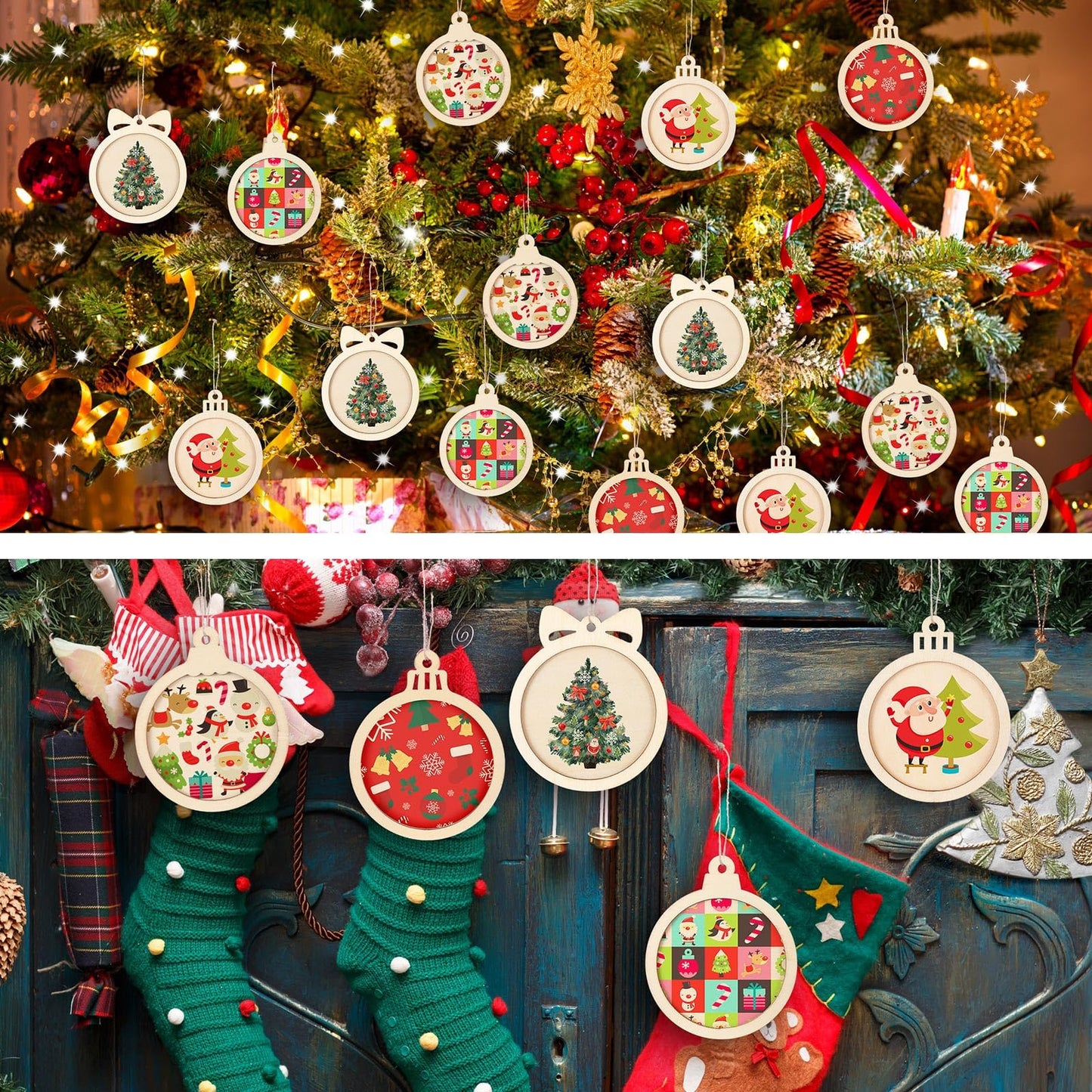 Gerrii 30 Pcs Christmas Wooden Ornaments to Paint 4 Inch DIY Unfinished Blank Round Wood Cutouts Wooden Discs Slices Hanging Ornaments for Christmas Holiday Xmas Tree Decoration DIY Crafts in 5 Shapes