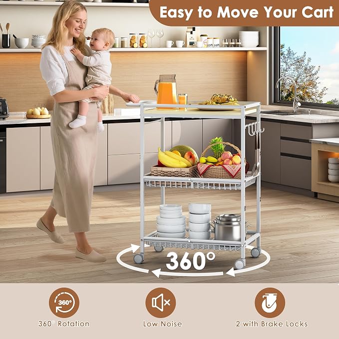 Microwave Kitchen Cart with 2 Lockable Wheels, White Kitchen Storage Cart with Push Handle, 3 Tier Rolling Cart with 210Lbs Capacity for Kitchen Island, Restaurant, Coffee Bar, Living Room, Office