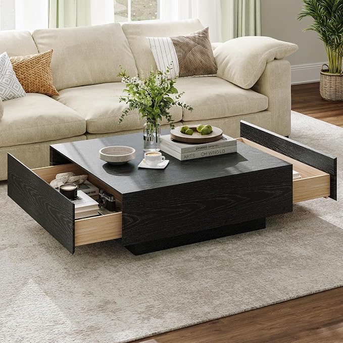 POVISON Modern Square Coffee Table with Drawers, 35.43" Wood Coffee Table for Living Room Home Office, Fully-Assembled Black