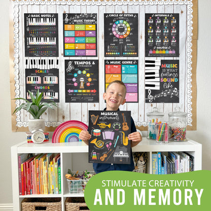 Hadley Designs Music Classroom Decor –9 Music Classroom Posters Elementary, Choir & Solfege Posters, Solfege Hand Signs & Musical Instruments Bulletin Board Decorations, Chalkboard Teacher Must Haves
