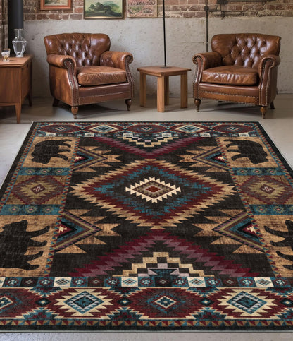 YIHOUSE Rustic Cabin Area Rug for Bedroom 5x7,Machine Washable Lodge Bear Rug,Non-Slip Low Pile Print Pattern Western Rug for Living Room