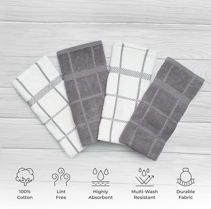 100% Cotton Terry Dish Towels, 4 Pack 16 x26 Inches, Super Soft and Absorbent