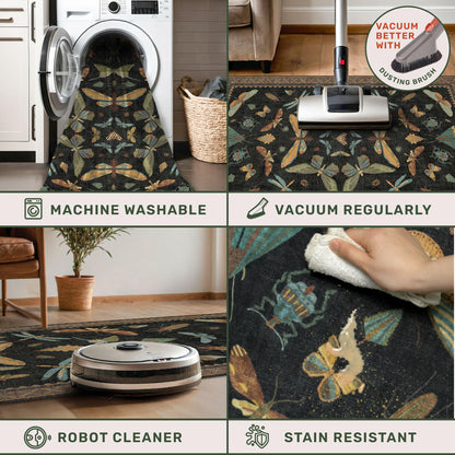 Washable 5x7 Black Rug for Living Room - Foyer Rugs for Entryway, Bedroom, Home Office, Gothic Witchy Insect Bug Floral Retro Indoor Décor