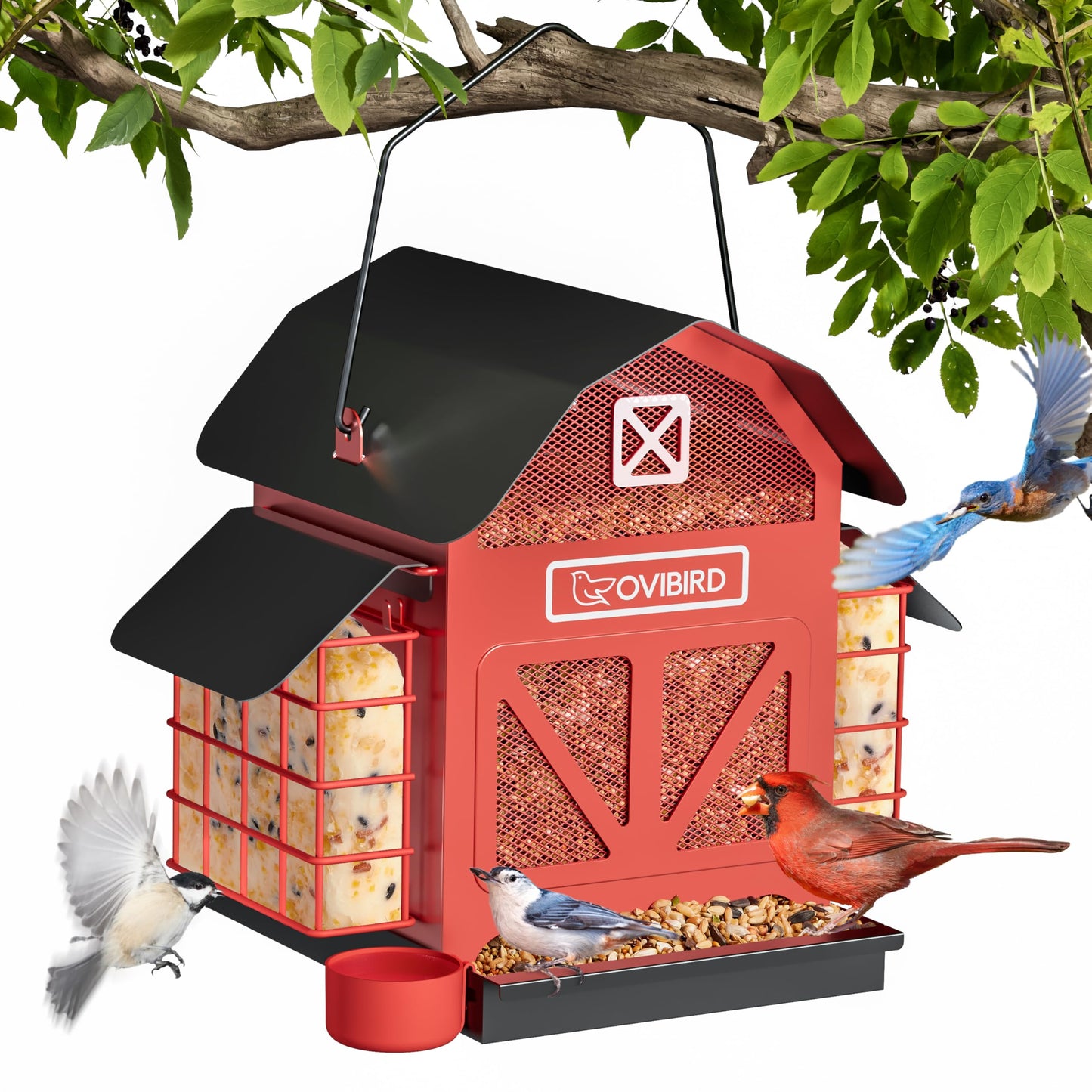 Bird Feeders for Outdoors Hanging, 5LBS Large Bird Feeder with 2 Suet Cage, Red Barn Metal Birds Feeder for Outside, Weather Resistant Cardinal Feeders, ldeal Birds Watching Gifts (Red)