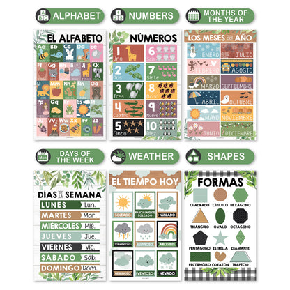 Hadley Designs Spanish Posters for Classroom - 12 Bilingual Educational Posters for Spanish Classroom Decorations Must Haves, Calendario y Alfabeto en Español Para la Pared, Farmhouse Teacher Supplies