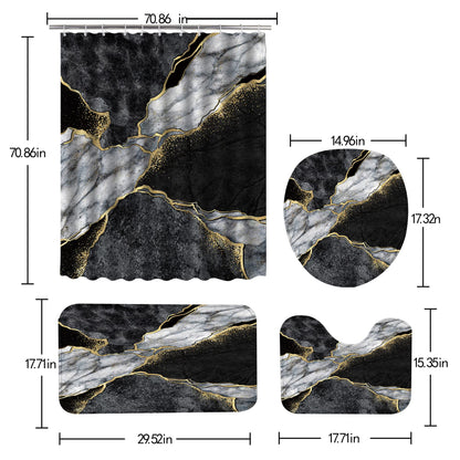 4 Pcs Marble Shower Curtain Sets, Gold Cracked Lines Crystal Geode Black Grey Bathroom Decor, Rug Toilet Lid Cover and Non-Slip U Shape Mat, Waterproof Polyester Shower Curtain with 12 Hooks, 72 x 72