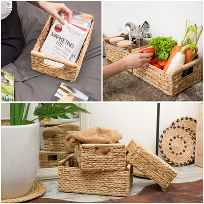 VATIMA Hyacinth Wicker Basket Set 3 size - Rectangular, Wooden Handles, Shelf Organizer, Natural Bins