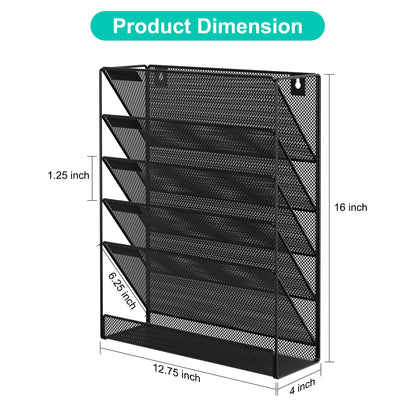 EasyPAG 5 Tier Wall File Holder, Mesh Hanging Folder Organizer with Classify Label, Versatile Desk File Holder, Vertical Wall Mounted Mail Organizer for Office Home Cubicle, Black