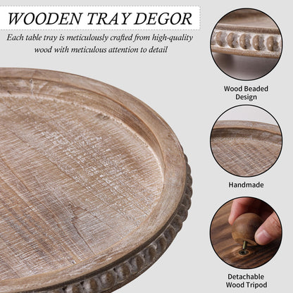 Nacidooka Wooden Coffee Table Tray Decor, Round Decorative Tray Brown Beaded Distressed Rustic Farmhouse Centerpiece for Dining Room Entryway Kitchen Counter Candle Holder Organizer