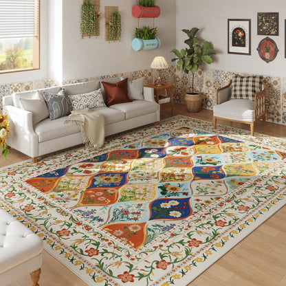 Vowkten Bohemian Geometric Floral 8x10 Area Rugs, Machine Washable, Low Pile Soft Carpet, Non-Slip for Living Room, Bedroom, Dining Room, Farmhouse, Kids Playroom, Office | Beige