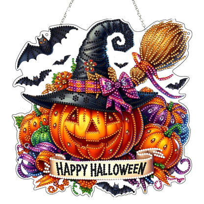 JJFox DIY Acrylic Diamond Art Painting Wreath Kits Special Shaped Rhinestone Diamond Art Window Pendants Home Garden Wall Hanging Kits Hanging Ornament (Happy Halloween)