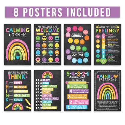Hadley Designs 8 Calming Corner Posters for Classroom Must Haves -Calm Down Corner Supplies with Emotion Chart,School Counselor Mental Health Poster,Feelings Chart For Kids, Chalkboard Classroom Decor